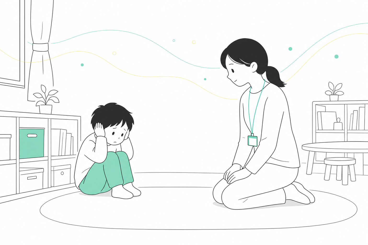 教室の隅で耳をふさぐ子どもと、少し離れて見守る先生