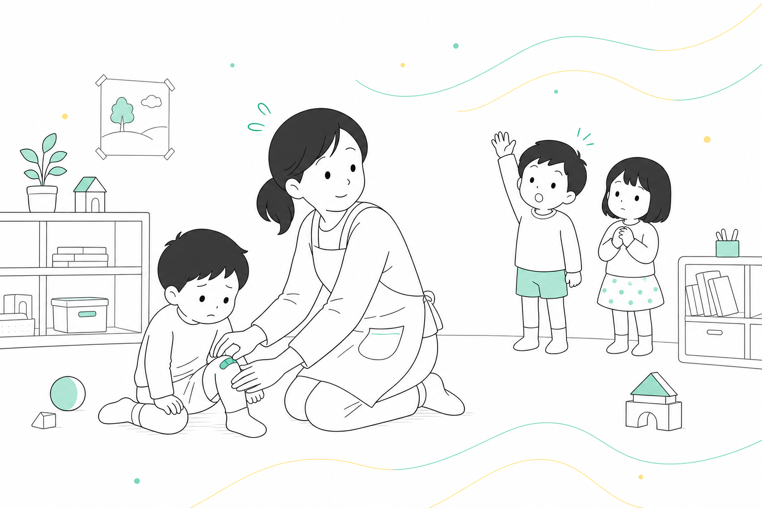 一人の子どもに付き添う先生と、後ろで待つ子どもたち