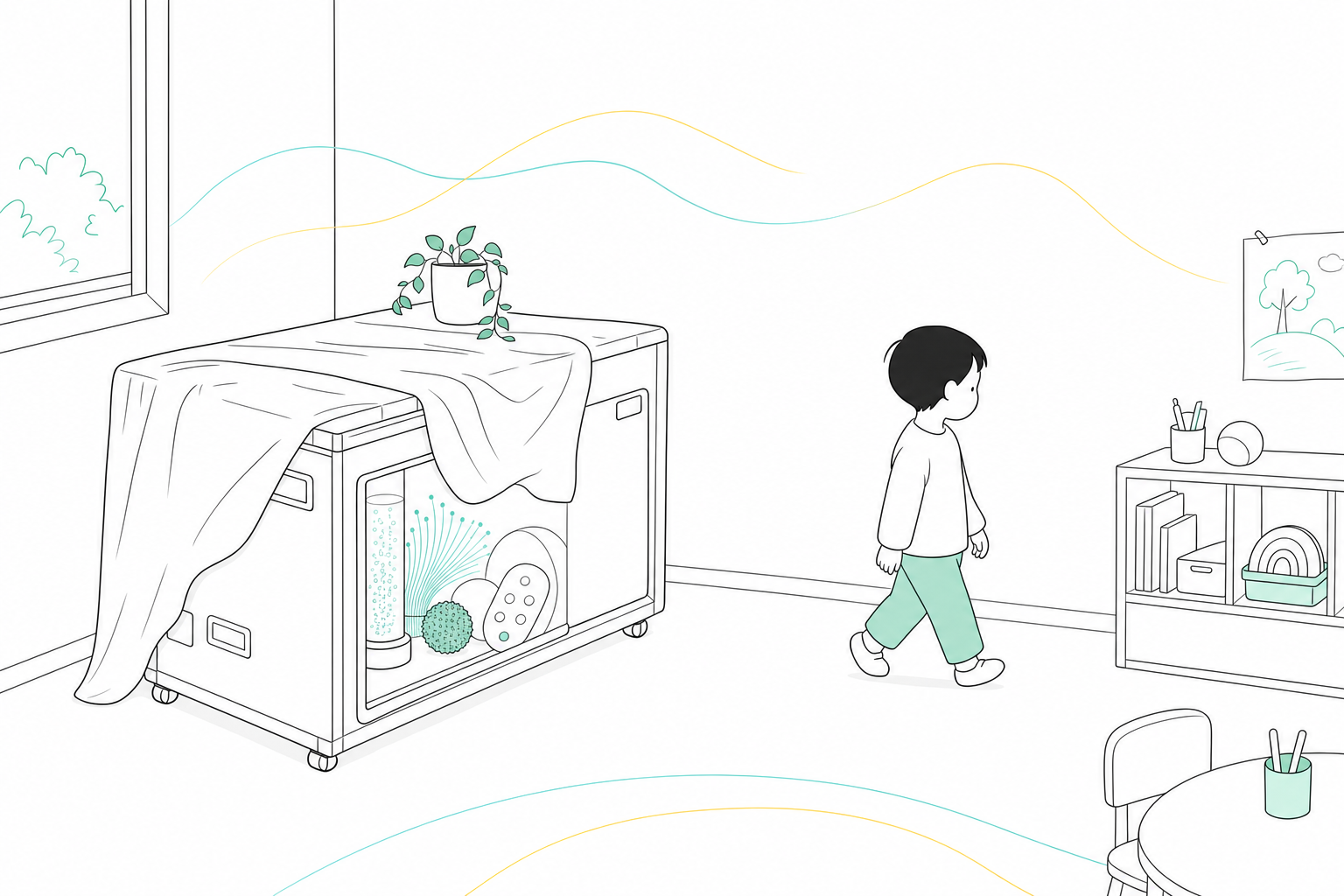 布をかけられ使われなくなった感覚遊具の箱と、素通りする子ども