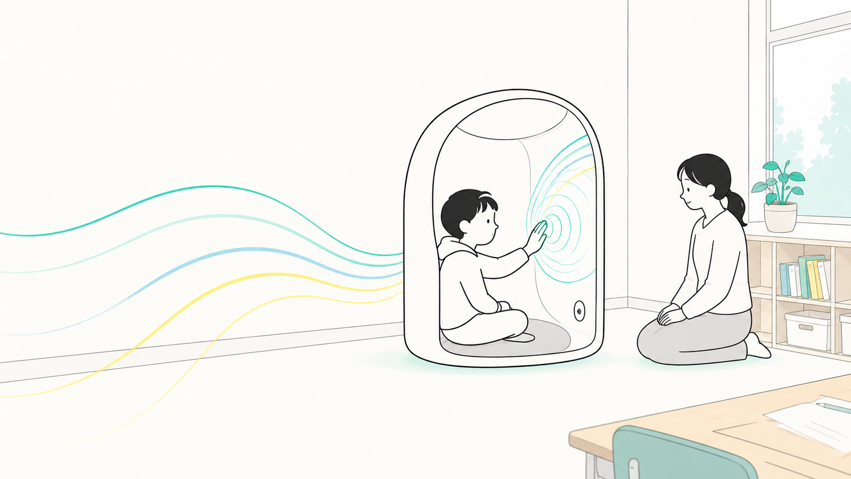 教室の一角で「こもれば」にふれる子どもと見守る先生