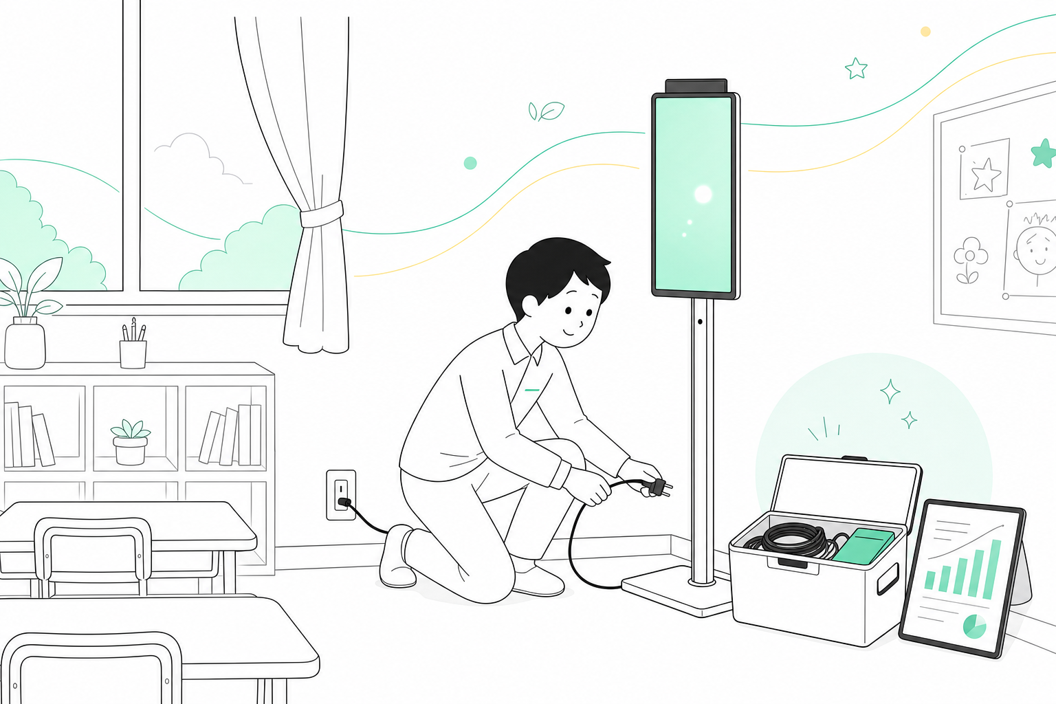 機材一式を持ち込み、コンセント1つでこもればを設置するスタッフ